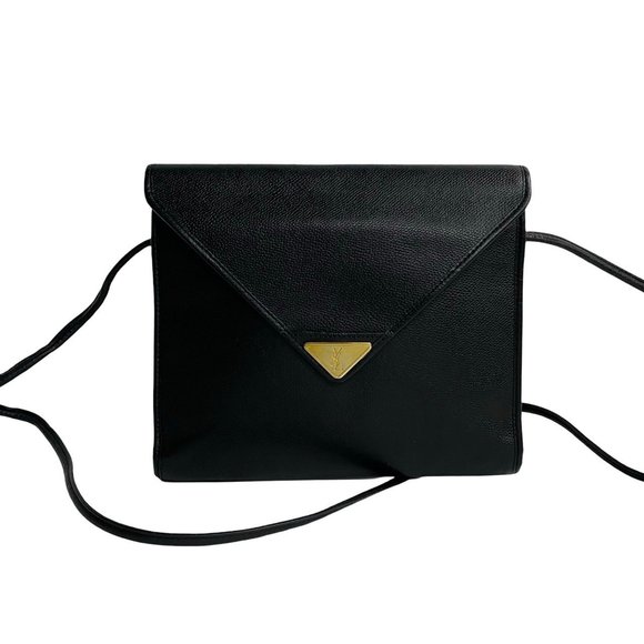 Yves Saint Laurent YSL Logo Leather Shoulder Bag/Pochette/Sacoche Black 33101 - Picture 1 of 9